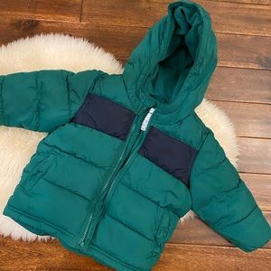 Old Navy green & navy stripe puffer coat with hood